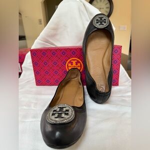 Tory Burch Black Leather Flats with Silver Emblem